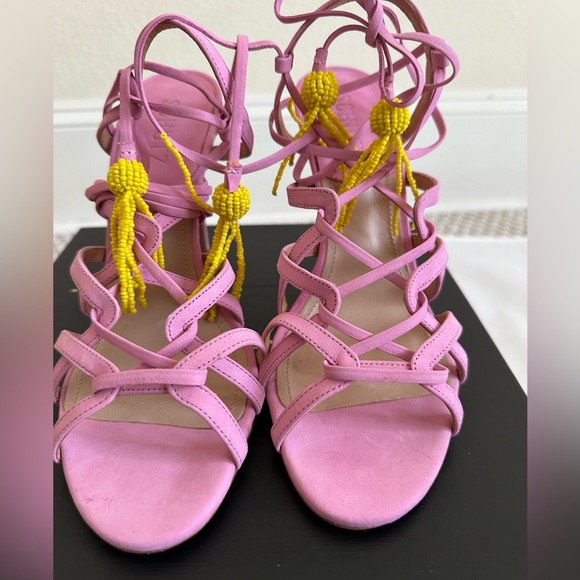 NWT Shultz Pink Suede Strappy Sandals with Yellow Beaded Tassels - Picture 2 of 7